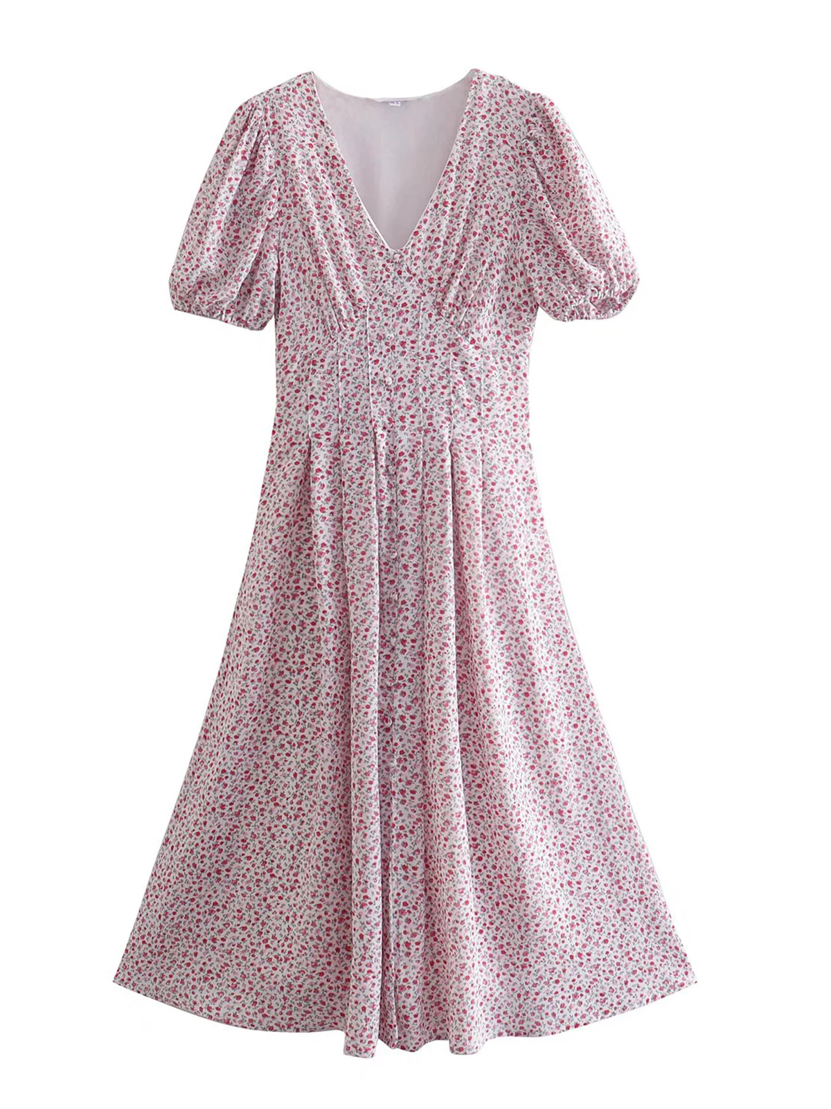 

2022 Fashion Women Sweet Floral Print Chiffon Dress Elegant Ladies V Neck Puff Sleeve A-line Midi Holiday Summer Dress