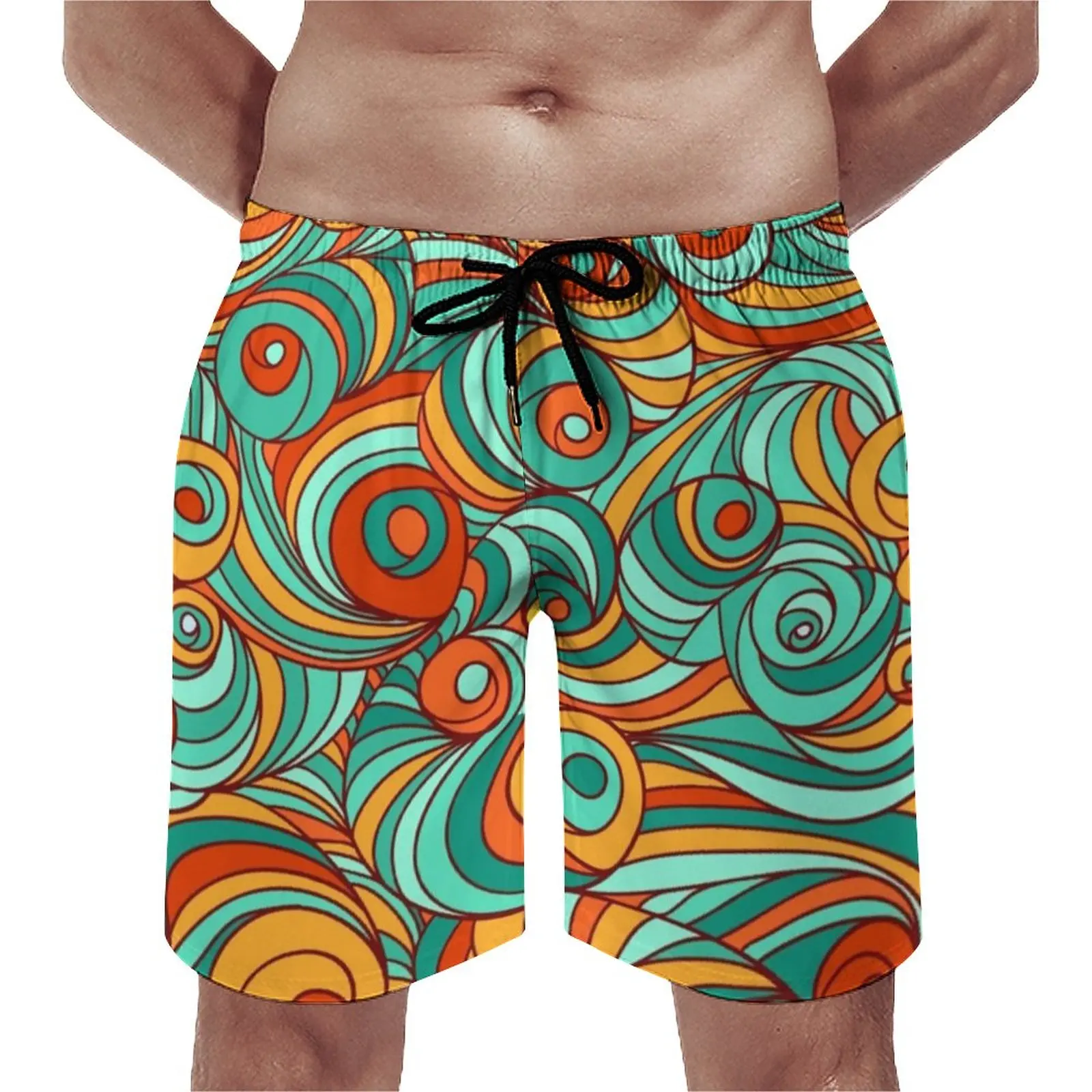 

Board Shorts Swirling Retro 70S Hawaii Beach Trunks Abstract Lines Print Quick Dry Sports Trendy Large Size Beach Short Pants