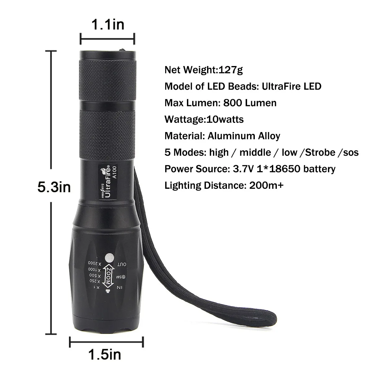 UltraFire A100 тактический фонарь 5 режимов 1000 люмен светодиодный ручной фонарик с
