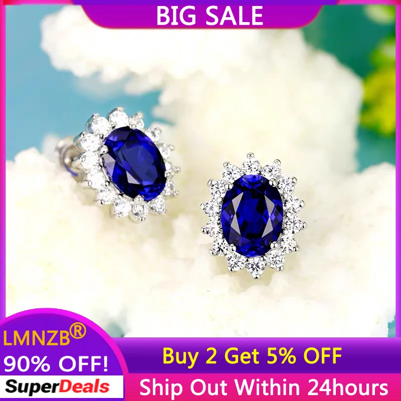 

LMNZB Luxury Lab Sapphire Earrings Allergy Free Real Tibetan Silver Ear Jewelry with Blue CZ Zircon Stud Earrings for Women