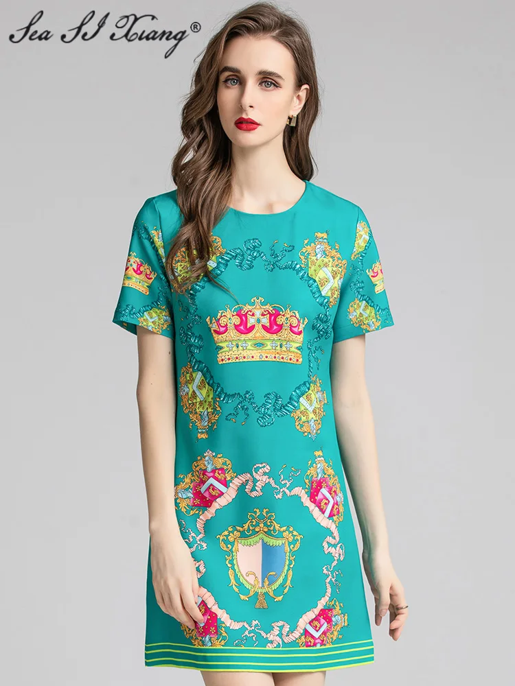 

Seasixiang Fashion Designer Summer Dress Women O-Neck Short Sleeve Crystal Vintage Print Mini Dresses