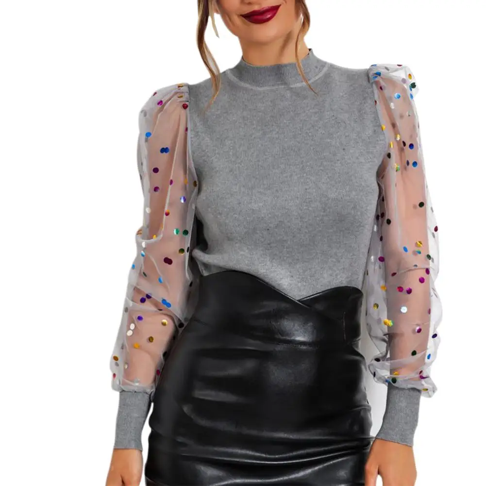 

Leisure Sequins Dot T-shirts Hot Selling Slim Women Comfortable Simplicity Soft O-neck Long Sleeve Splicing Mesh Jumper Pullover