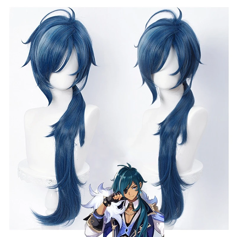 

Парик для косплея мужчин Genshin Impact Kaeya, термостойкие искусственные волосы для косплея, длиной 80 см, чернильно-синий, для костюма