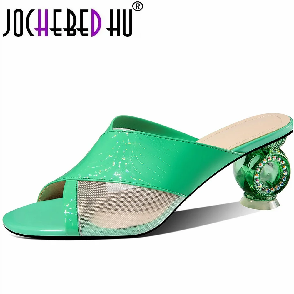 

【JOCHEBED HU】summer vacation new genuine leather peep toe full of crystal high heels mules women dating gorgeous sandals 34-43