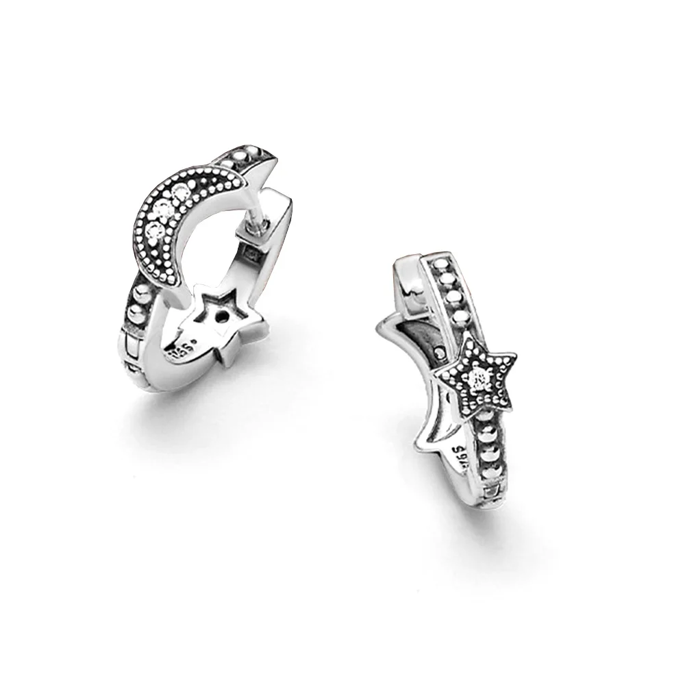 Pandora-Bague perlée lune et étoiles pour femme, boucle d'oreille en argent S925, beaux bijoux, cadeau avec sac grill