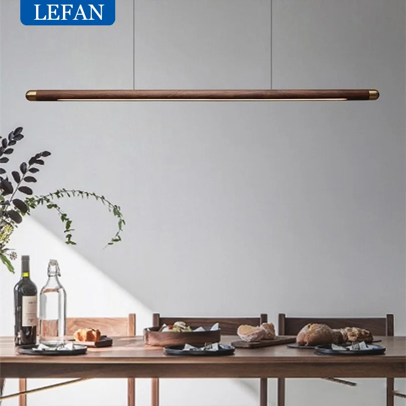 

Black Walnut Dining Table Chandelier Simple Strip Wood Hanging Lamps Kitchen Fixture Home Decor Pendant Indoor Lighting