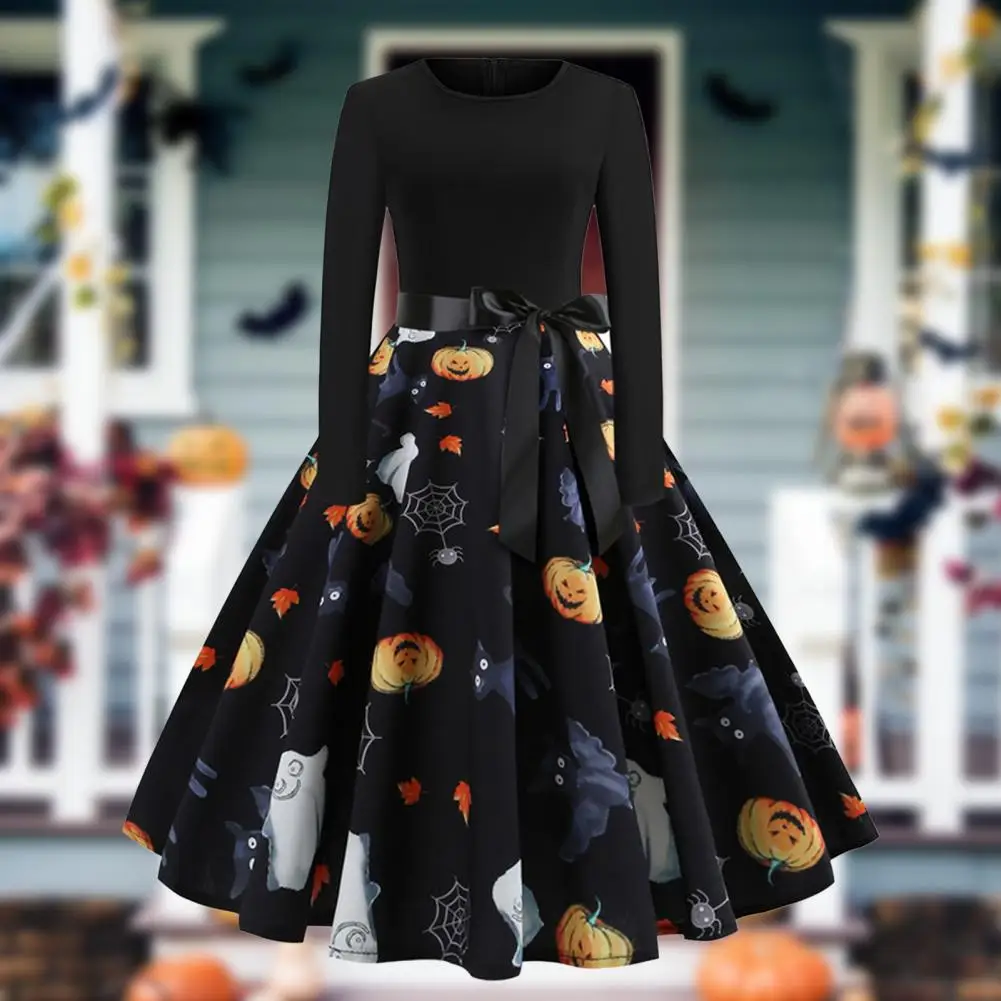 

Elegant Vintage Lady Dress Festival Bowknot Female Dress O Neck Bat Autumn Dress for Halloween