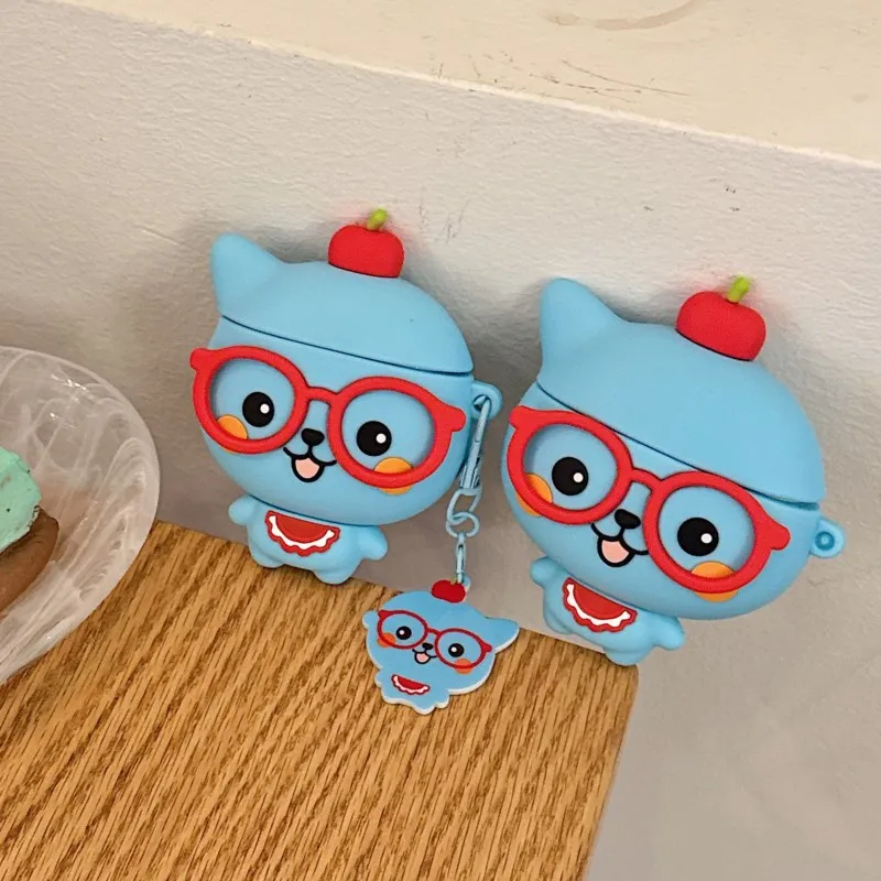 Фото Чехол для наушников Qoo с 3D-рисунком и брелоком для AirPods 3/4-го поколения, AirPods Pro 1/2/3-го поколения, милый силиконовый чехол с очками Apple №3
