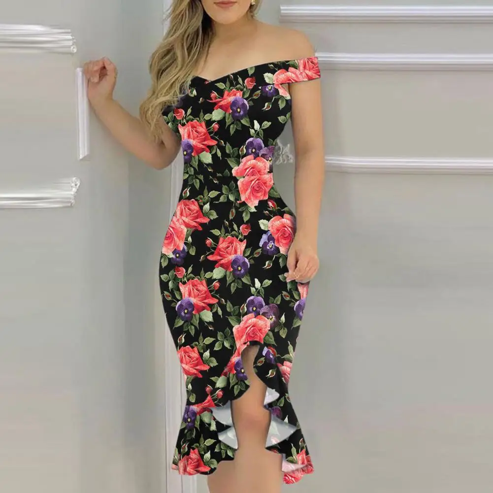 

Floral Print Ruffles Summer Dress Formal Dress Low Cut Waist Tight Bodycon Dress Stylish Short Sleeve Sheath Dress for Wedding