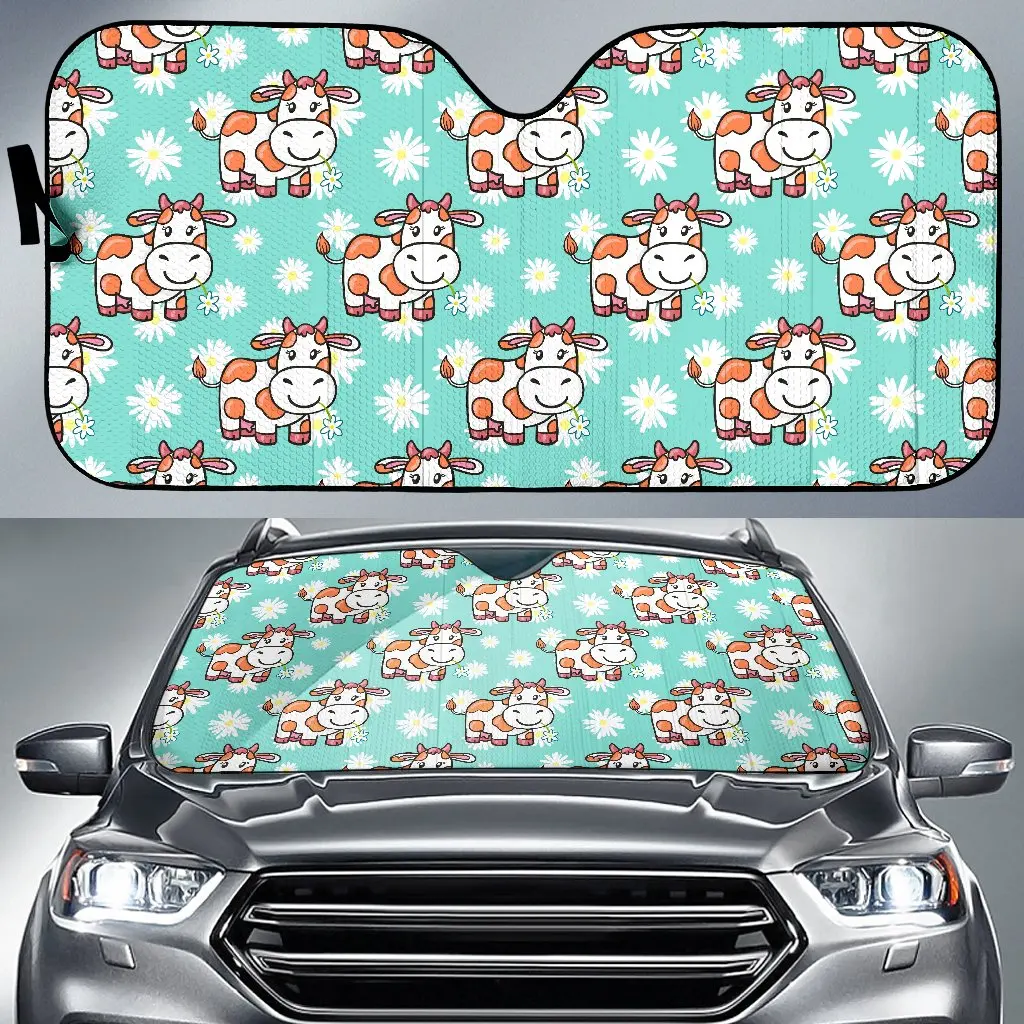 

Cartoon Cow And Daisy Flower Print Car Sun Shade
