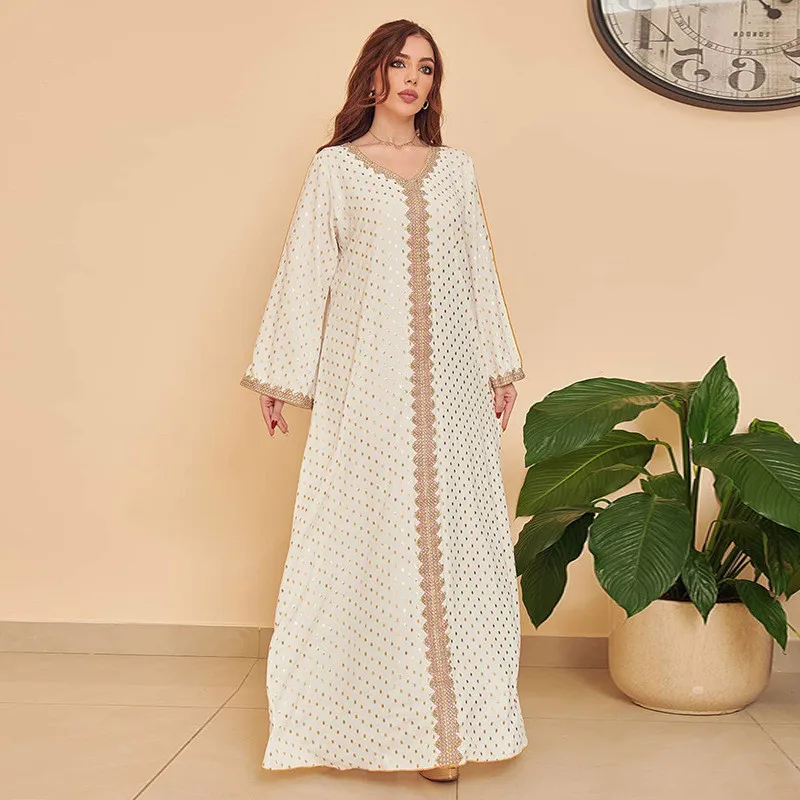 Abaya Women 2023 Summer New Bronzing Muslim Dubai Robe Elegant V Neck Maxi Long Dress Prom Arab Islamic Moroccan Kaftan Eid