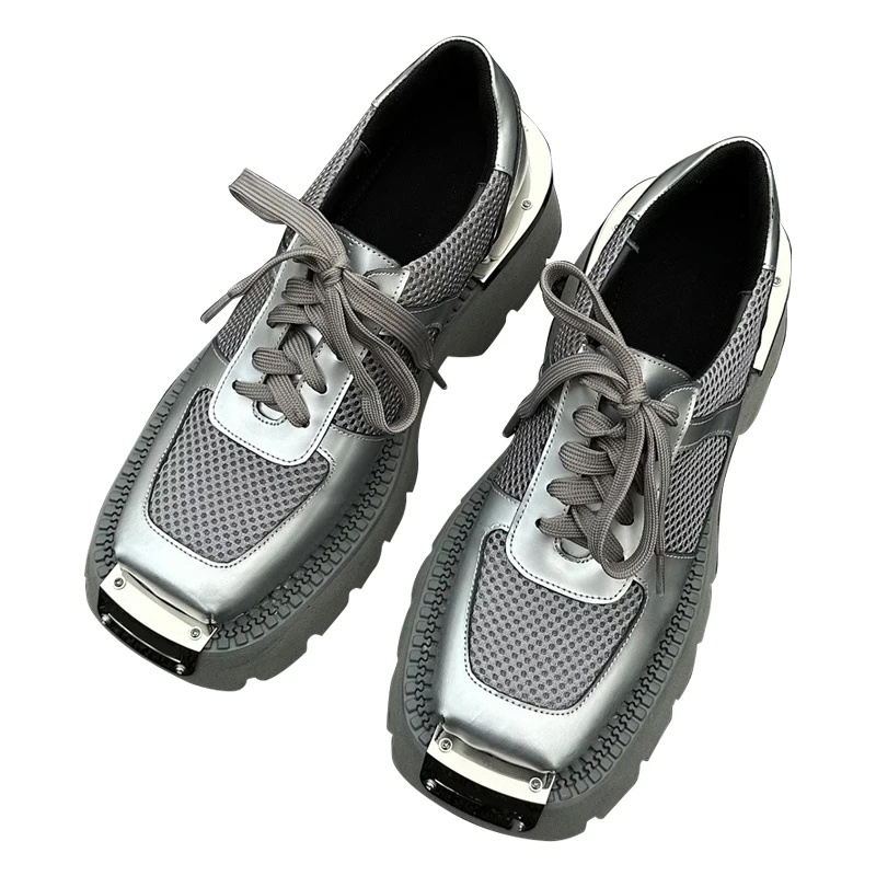 Silver Gray Square Toe Leather Shoes Women's Personality Mechanical Style Lace-up Metal Decorative Breathable Mesh Loafers