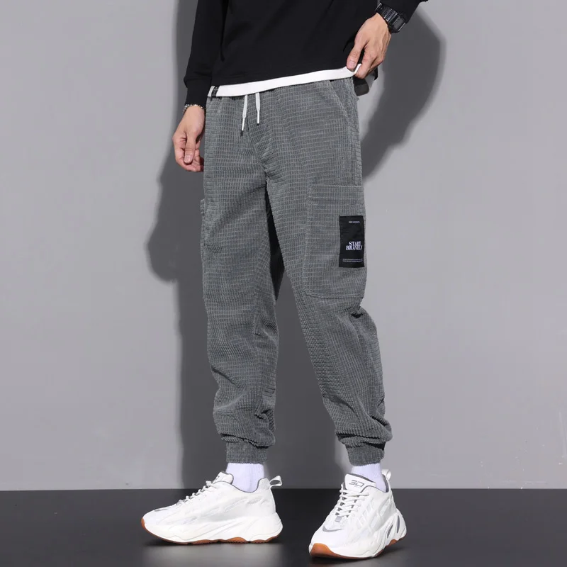 

Corduroy Sports Pants Men's Autumn New Trendy Loose Tappered Sweatpants Large Size Plaid Casual Long Pants mens fashion
