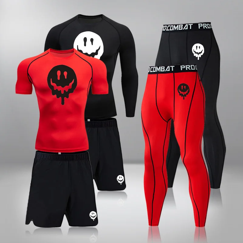

Men's Brand Clothes Sportswear Compression Set Rashgard Male Summer Short Sleeve Tights Training Base Leggings T-shirt 3 Piece