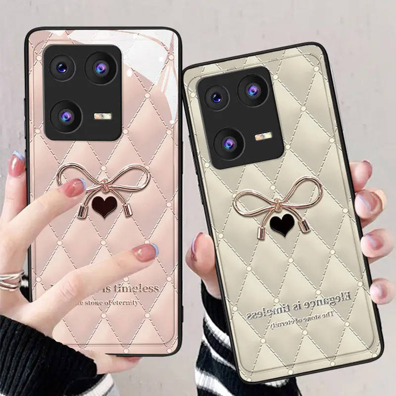 

Luxury Love Bow Pattern Silicone Full Wrapped Edge Phone Case for Xiaomi 13 12 11 Pro Tempered Glass Protective Back Cover Shell