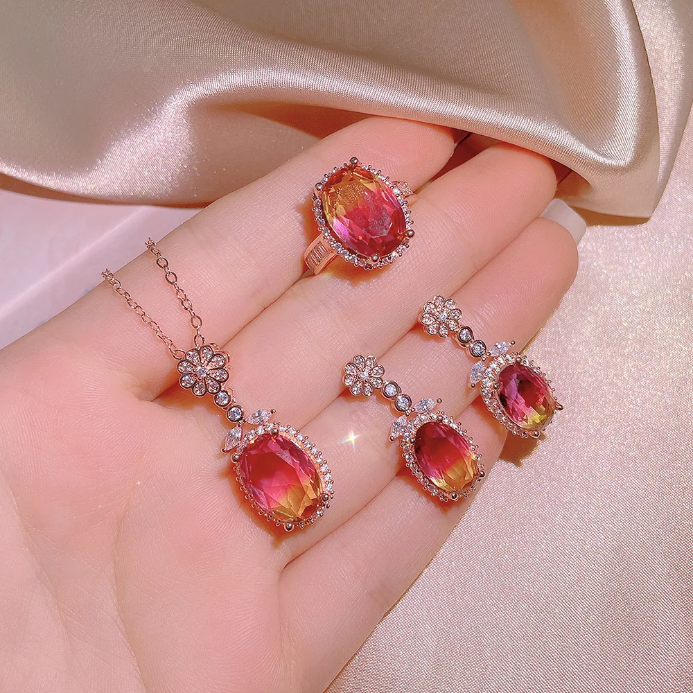 

Newest Burnt Ruby Ring Pendant Necklace Earrings Pigeon Blood Red Lively Three Pcs Set For Women Party Wedding Jewelry Gift