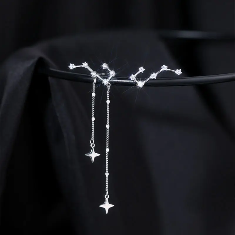 

New Fashion Big Dipper Stars Asymmetrical Stud Earrings For Women Shiny Crystal Zircon Chain Tassel Dangle Ear Piercing Jewelry