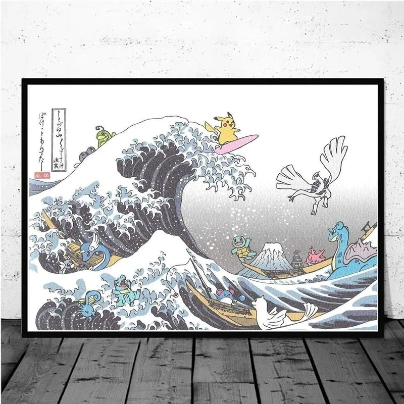 Pokemon Pikachu Great Wave Kanagawa Painting Canvas Comic Posters and Prints Cuadros Wall Art Picture Living Room Decor