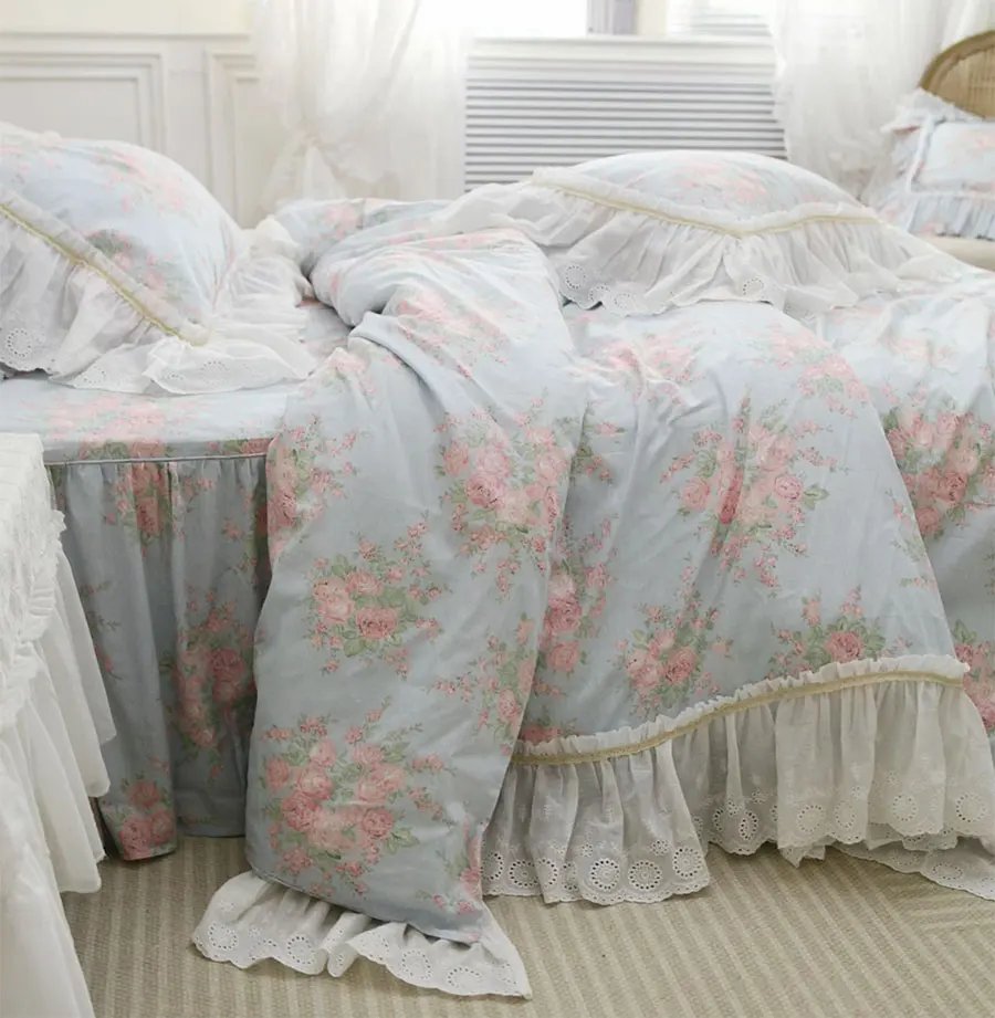 Романтическая кружевная синяя розовая кровать fairyfair с цветочным рисунком