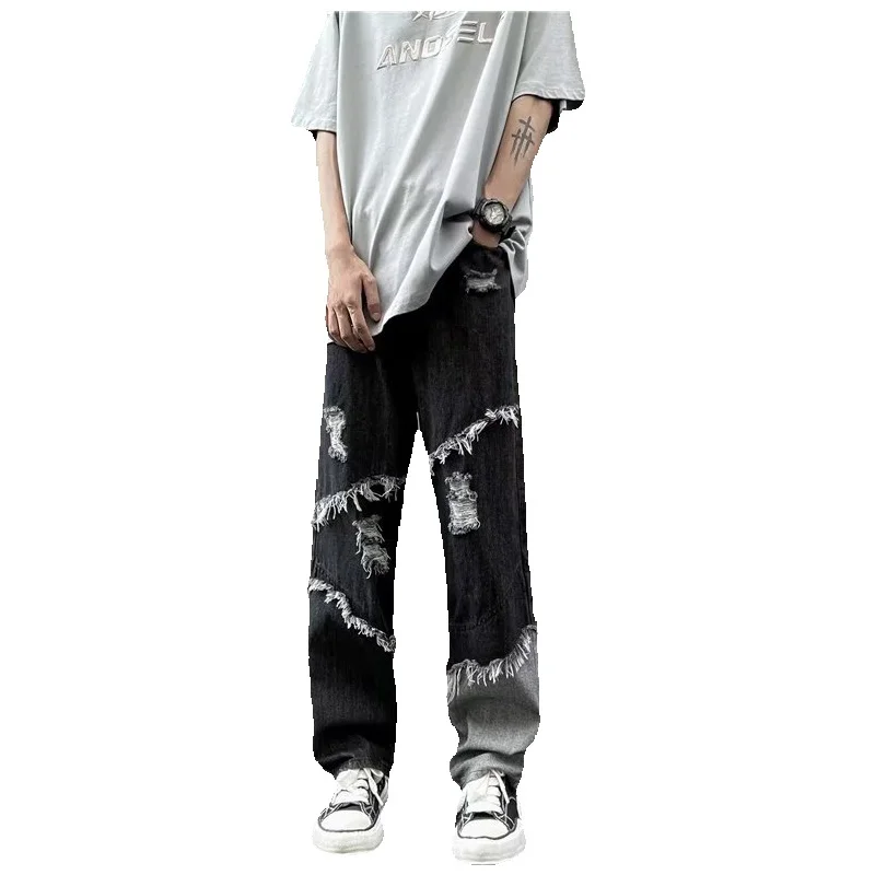 Black Baggy Jeans Men Fashion Casual Ripped Straight Jeans Men Japanese Streetwear Hip Hop Loose Hole Denim Pants Mens Trousers