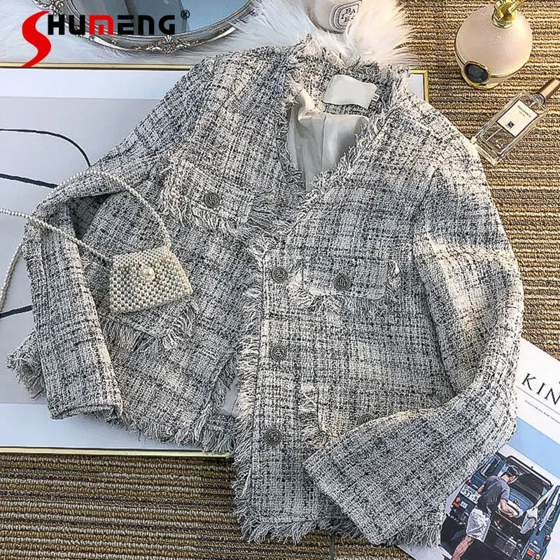 

Ladies Retro V-neck Tassel Casual Short Elegant Outerwear&coats Women's 2022 Autumn Fashion Office Lady High-Grade Tweed Jacket
