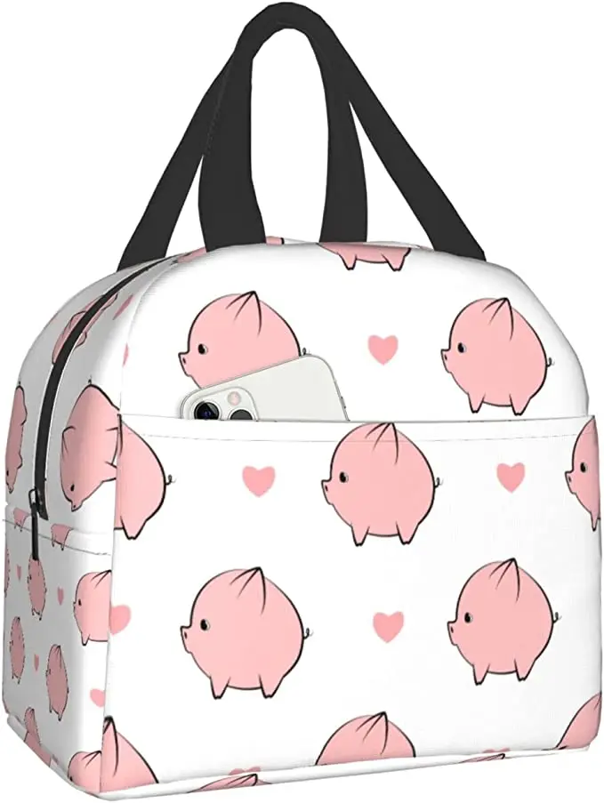 

Cute Cartoon Pig Lunch Bags for Women Men Insulated Lunch Box Bento Tote Bag with Front Pocket for Office School Picnic