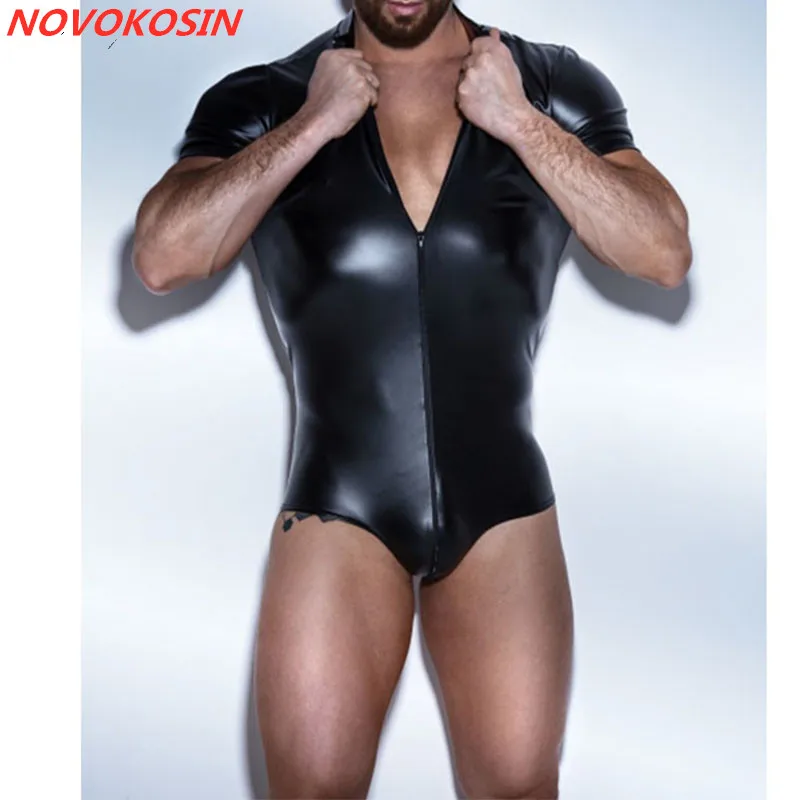 

Men S-3XL Bodysuit Wet Look Faux leather Bodysuit Plus Size Underwear Stage Dance Clubwear PVC Tight Body Jumpsuit