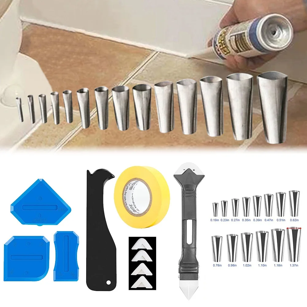 

6In1 Silicone Caulking Finishing Sealant Grout Tool 14Pcs Caulk Nozzle Applicator Finisher Sealant Spreader Spatula Scraper Kit