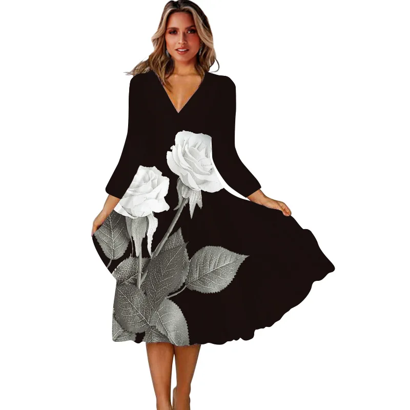 

Rose Printed Spring Autumn Dresses Black Long Sleeve Beach Casual Party Robe Vestidos Woman Elegant V Neck Loose Dress Women