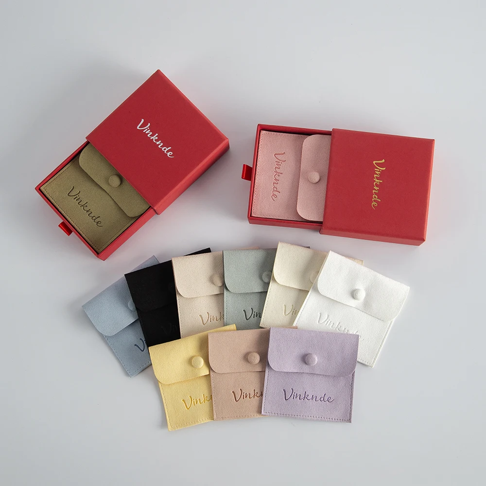 Red Cardboard Boxes Microfiber Suede Button Bags Set Custom Logo DIY Jewelry Earrings Necklace Packaging Organizer Case Pouches