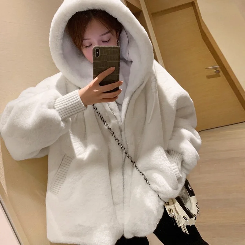 White Faux Fur Jacket Women Hood High Quality Fur Coat Oversized Loose Long Sleeve Zipper Korean Fashion Clothing for Women 2021
