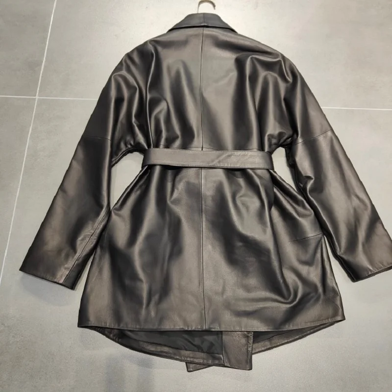 Женское длинное пальто из овчины на осень и зиму облегающая черная/кофейная