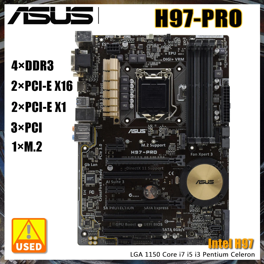 

ASUS H97-PRO Motherboard LGA 1150 Slot DDR3 32GB 1333MHz Xeon E3 1286 v3 Core i7 i5 i3 Cpus Intel H97 PCI-E 3.0 M.2 USB3 ATX