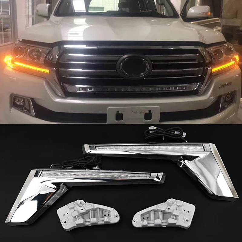 

Yellow LED Turn Signal Flash Light Kit For Toyota Land Cruiser FJ200 LC200 2016-2020 Chrome Front Grille Lamp Trunning light