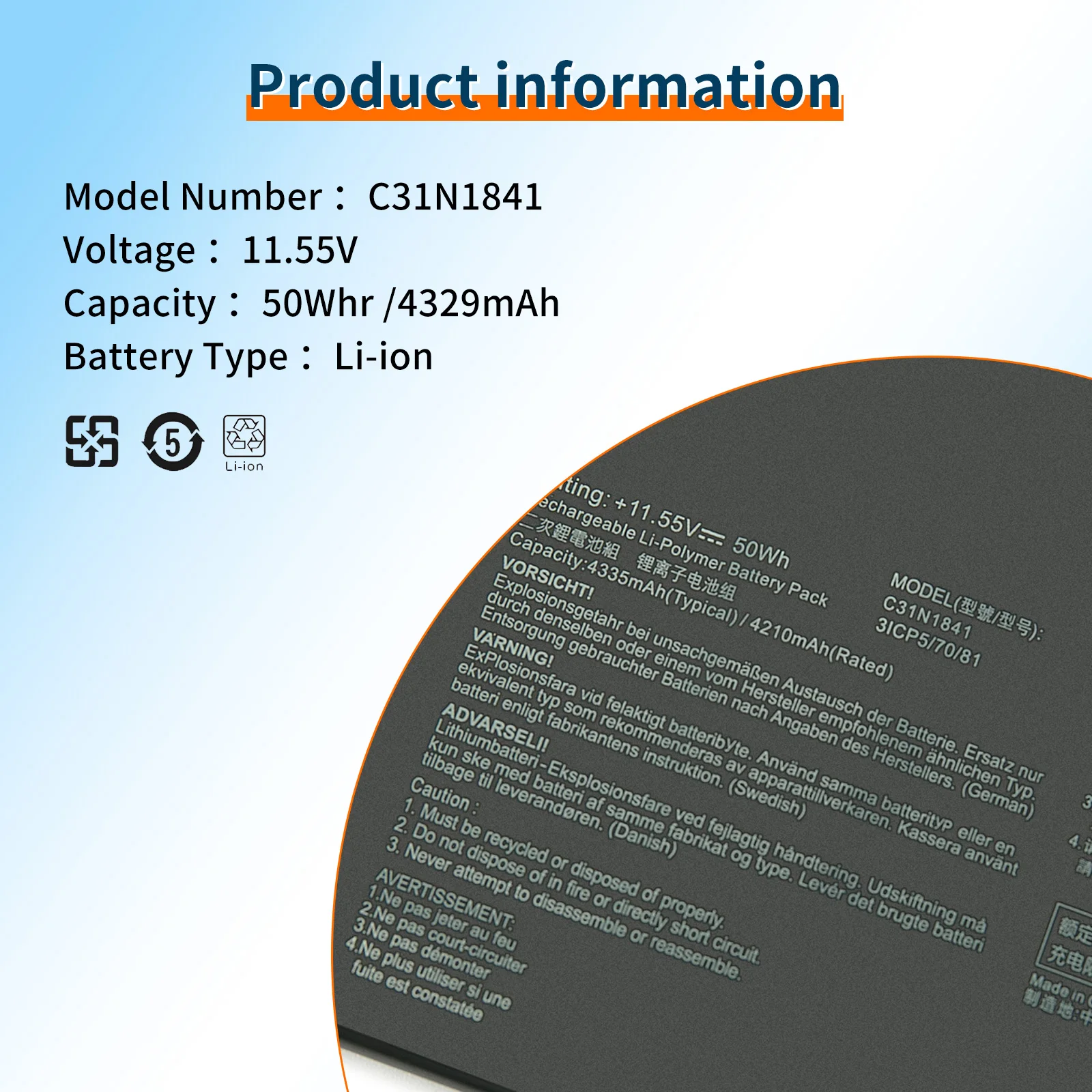 C31N1841 Laptop Battery For ASUS ZenBook UX334FL UX333FAC UX433FL UX433FLC UM433DA UM433IQ UM434DA UM434IQ 11.55V 50WH