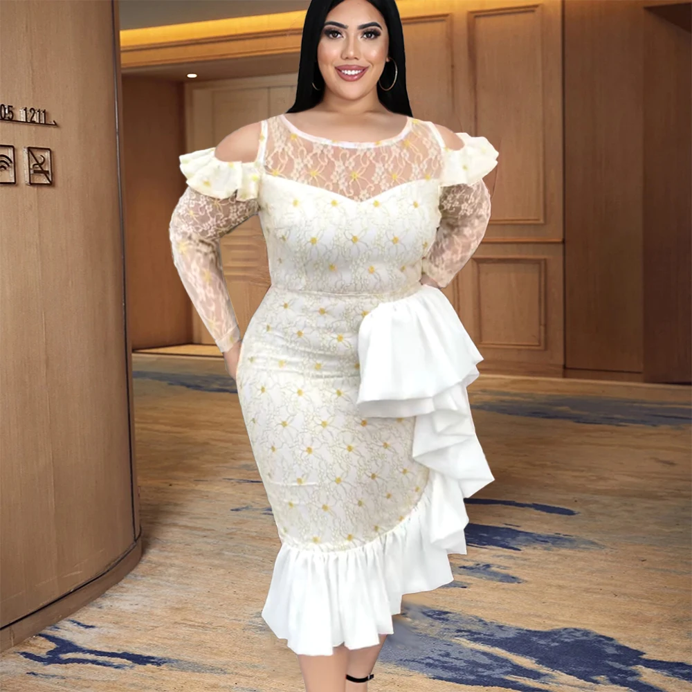 

Floral Print Lace Dress Sexy Off Shoulder Ruffles Long Sleeve Patchwork Bodycon Dress Weddding Evening Party Dress Women Elegant