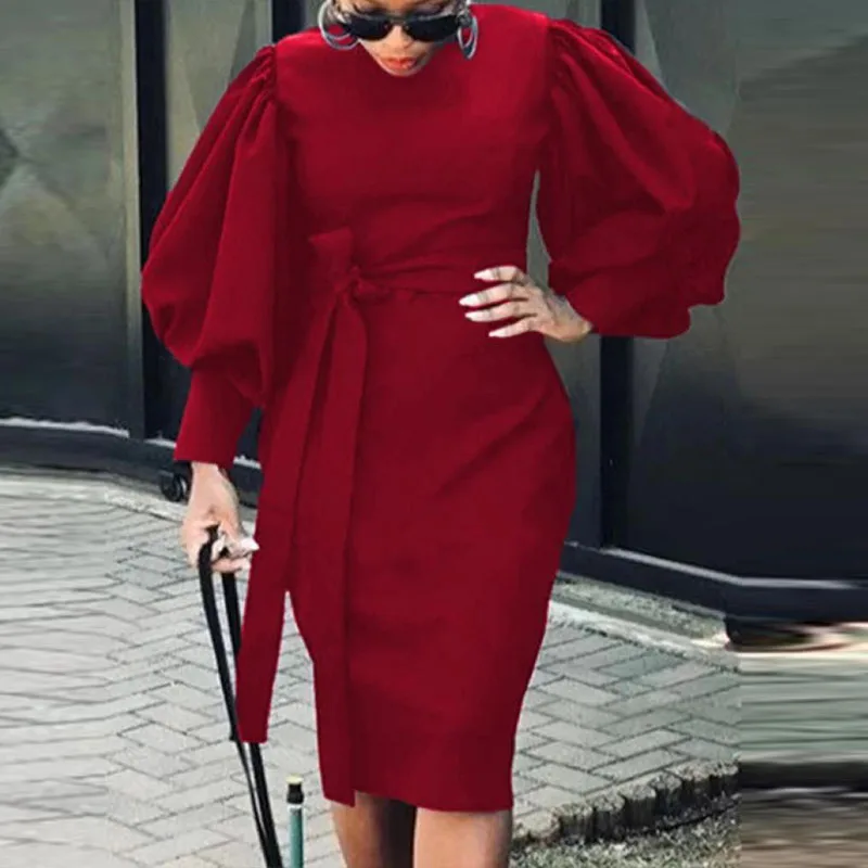 

Женское элегантное облегающее платье с круглым вырезом, однотонное офисное платье с поясом и завязкой, осеннее платье-пуловер с рукавами-фонариками для женщин