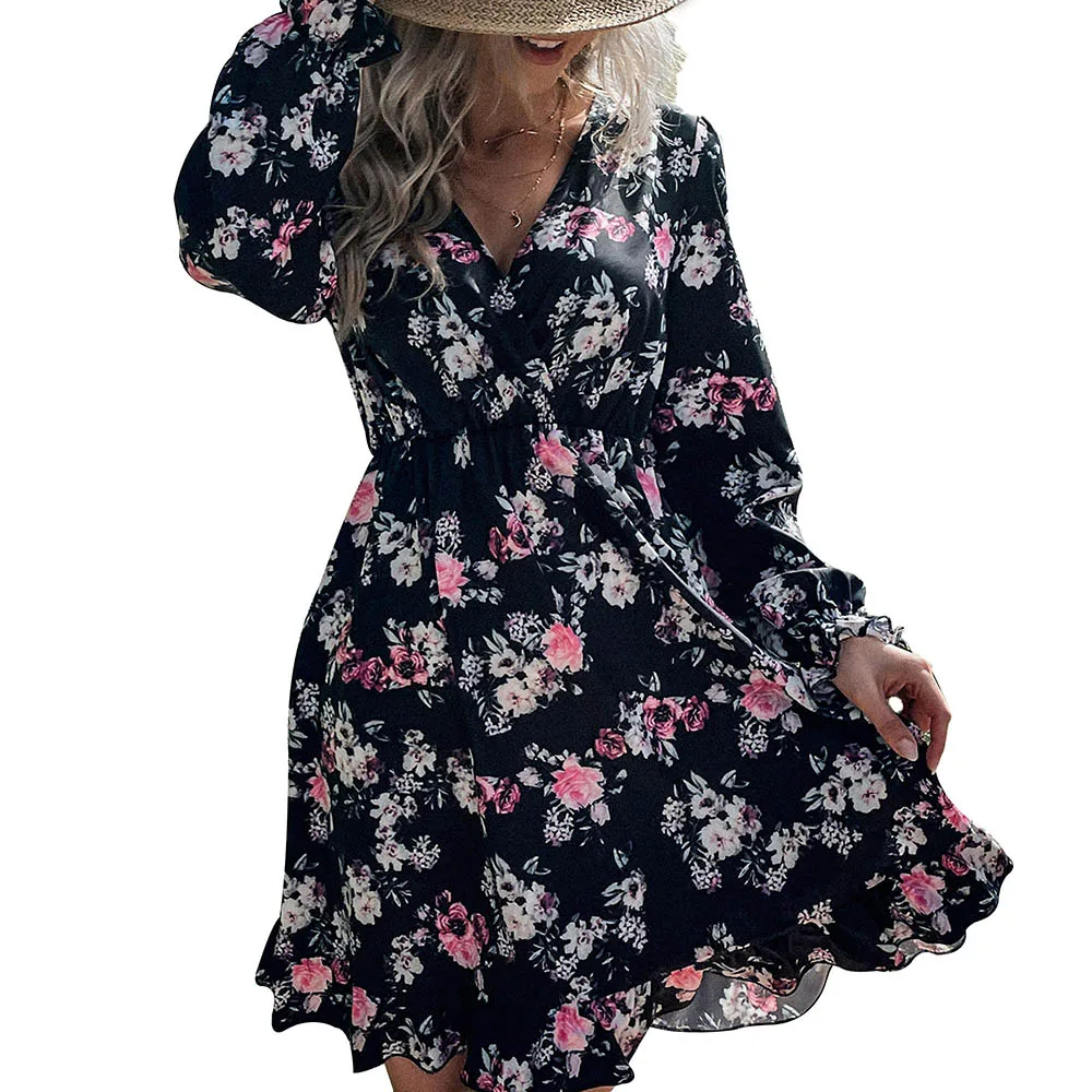 

Fashion Women Knee Length Dress Elastic Waist Shirt Dress V-Neck Printing Bohemian A-Line Dress Floral Long Sleeve Midi Dress