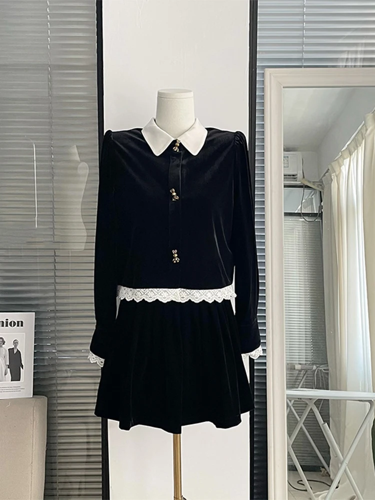 

Women Vintage Black Velvet 2 Pieces Outfit Lapel Patchwork Lace Contrast Color Tops+High Waist A-line Short Skirt Lady Ensemble