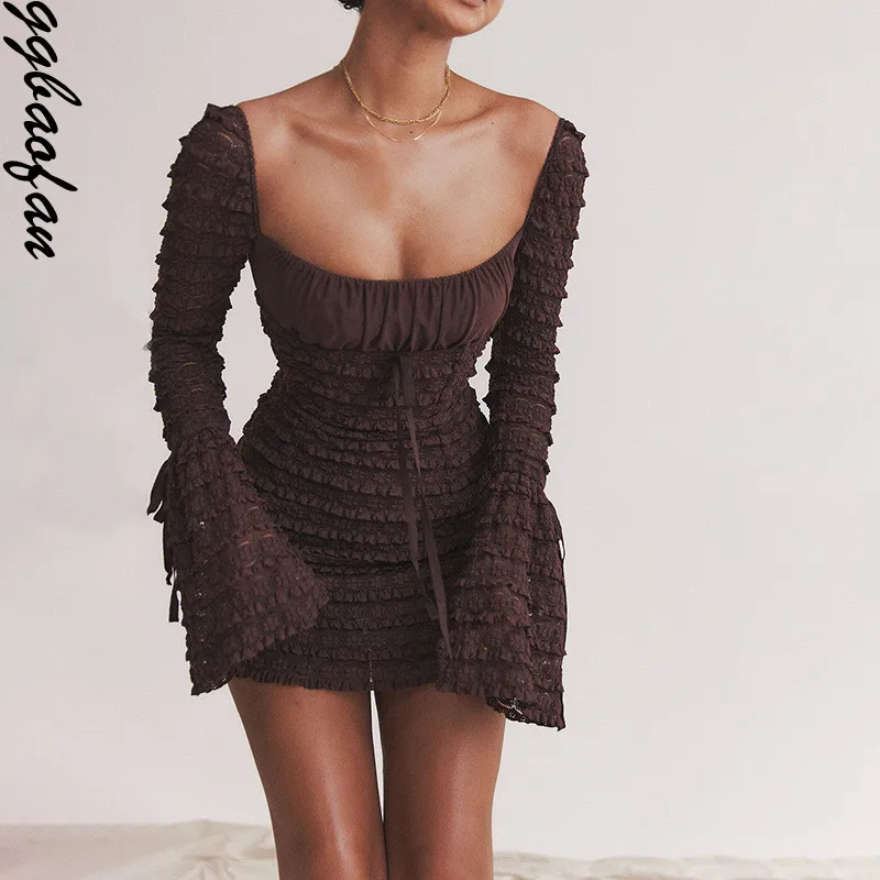 

Сексуальное Кружевное мини-платье Ggbaofan на завязках с цветочным рисунком, наряды для женского клуба, богатые коричневые платья с расклешенным рукавом