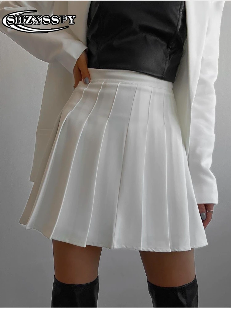 

Pleated Skirt High Waist Side Zipper Mini White Skirt Summer New Light Proof Safety Pants Preppy Style Black A-line Short Skirt