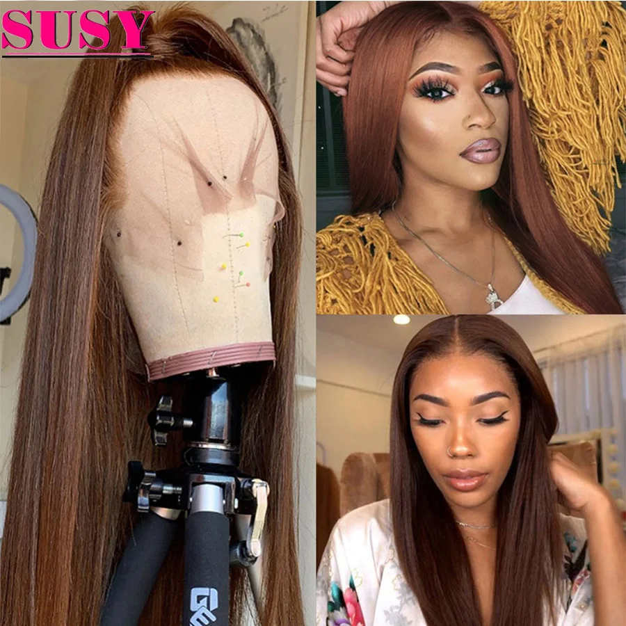 

Chocolate Brown Straight Lace Front Human Hair Wig 13x4 HD Transparent Lace Frontal Wig Ginger Orange Brazilian Lace Wigs