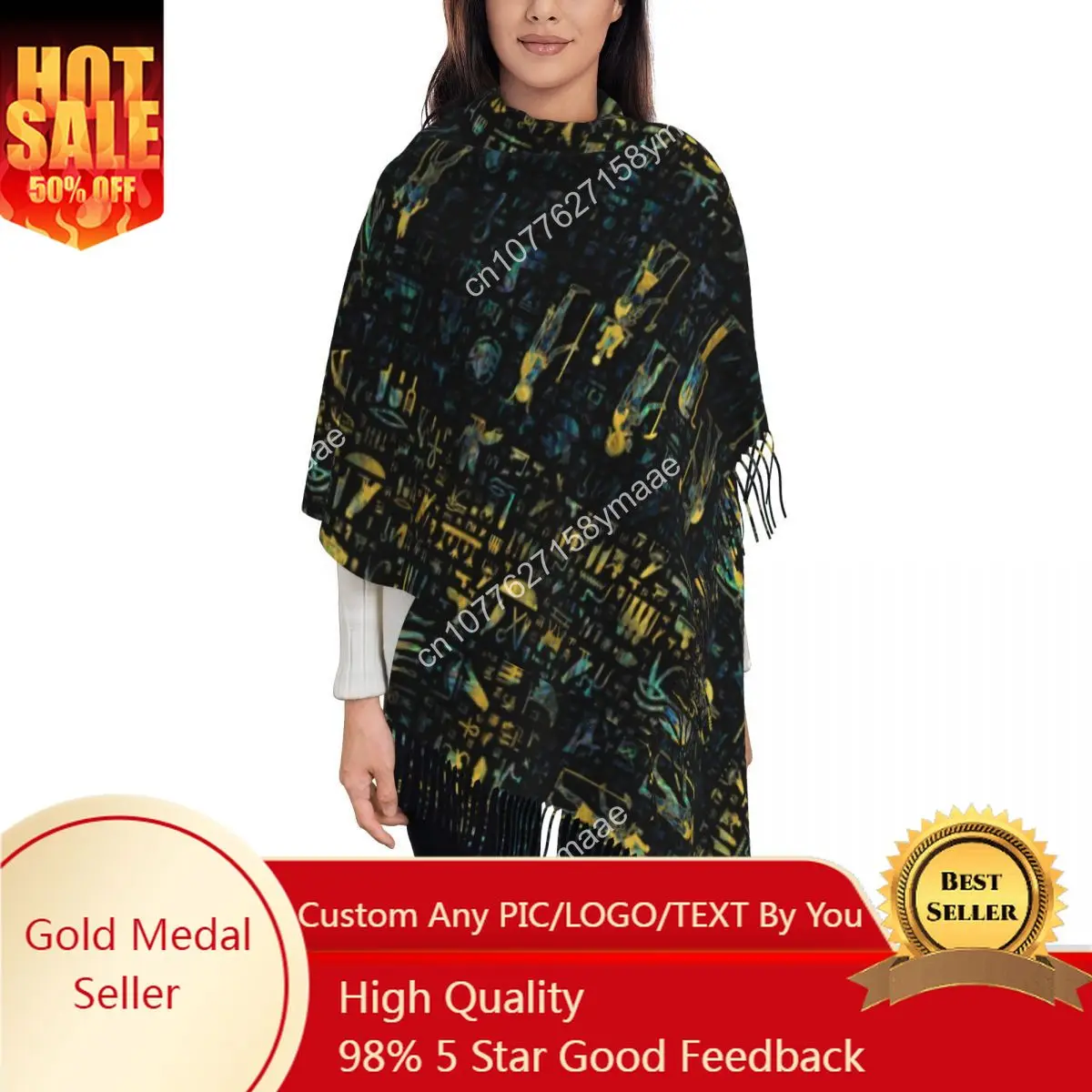 

Womens Tassel Scarf Egyptian Gods Hieroglyphs Large Super Soft Shawl Wrap Ancient Egypt Reversible Pashmina Scarves