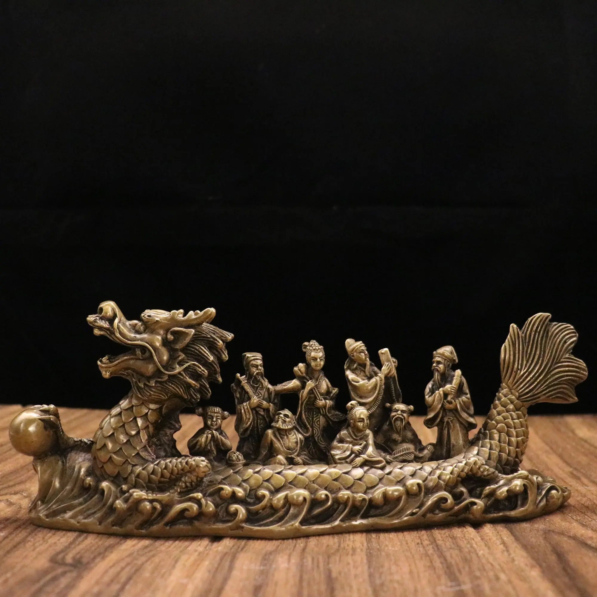 

12"Tibet Temple Collection Brass Patina Eight Immortals Crossing the Sea dragon boat dragon ship Gather fortune ornament