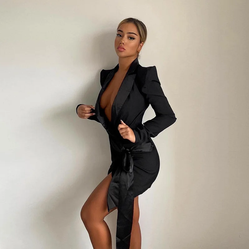 New long-sleeve suit lace up to dressed bodycon belt sexy girlie dress cleavage in v deep cut formal work thin party | Женские платья