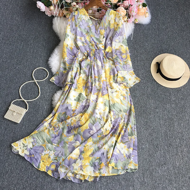 

Vintage Long Sleeve V Neck Chiffon Dress Women Sexy Boho Beach Basics Long Maxi Wedding Dresses Yellow White Robe Femme