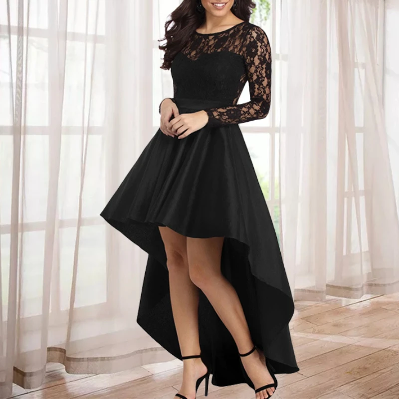 

Party Black Dresses for Women 2023 New Summer Lace Skirt Long Sleeves Ladies O Neck Clothing Outfits Solid Color Splicing Female