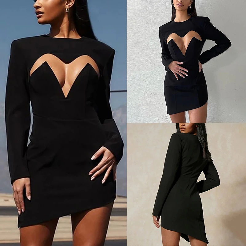

Элегантное мини-платье с длинным рукавом, наряды для женщин, сексуальные Клубные Вечерние черные платья, облегающая весенняя одежда
