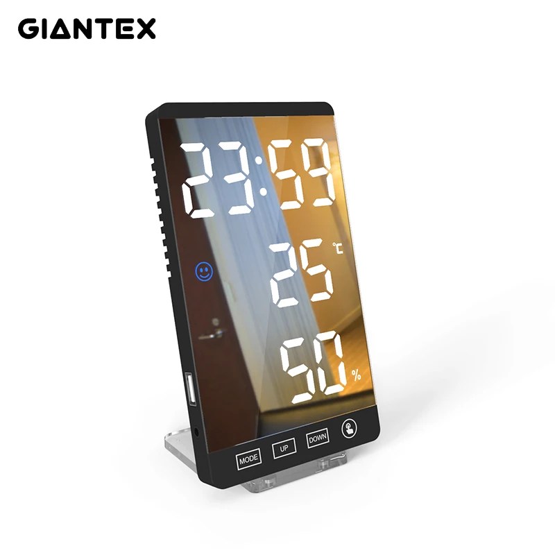 

LED Mirror Alarm Clock Digital Clock Temperature Humidity Display USB Output Port Touch Button Snooze Table Electronic Clock