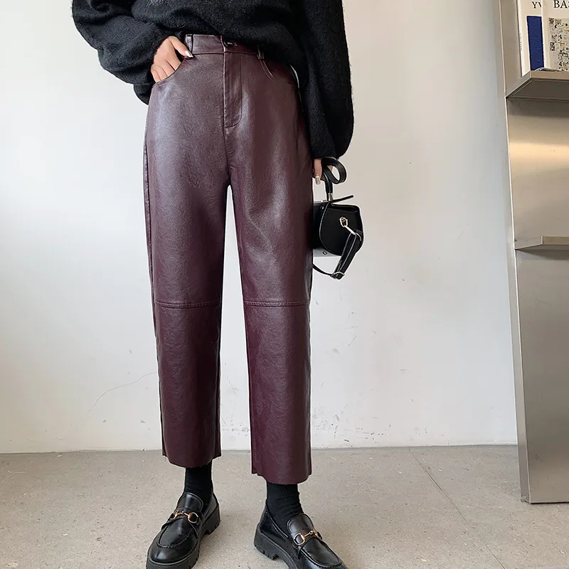 

CGC Autumn Winter Vintage High Waist Leather Pants Women Casual Straight Wide Leg Baggy Pants Female Motorcycle Style Trousers